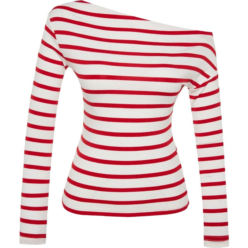 Trendyol Red Striped Premium Soft Fabric Fitted Boat Neck Knitted Blouse