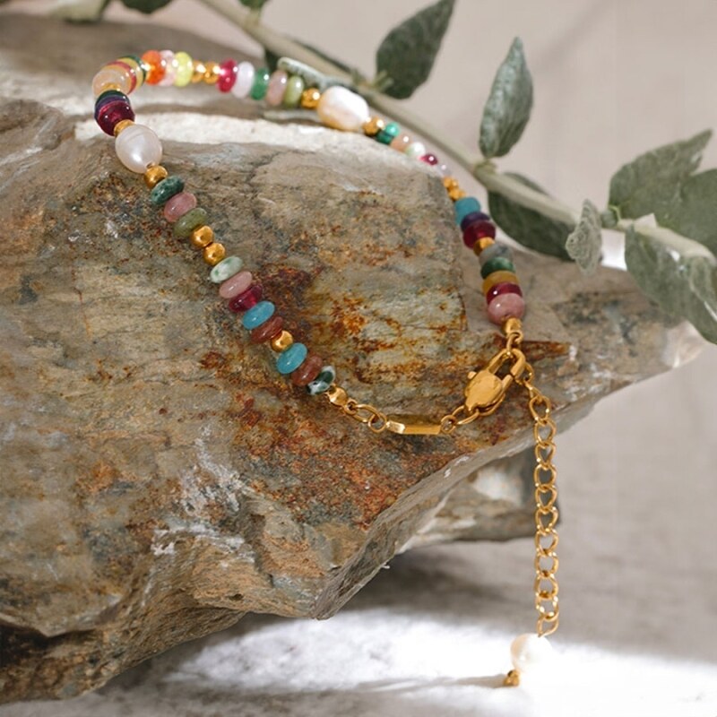 GRACE Jewellery Korálkový náramek s perlou a přírodními kameny, chirurgická ocel