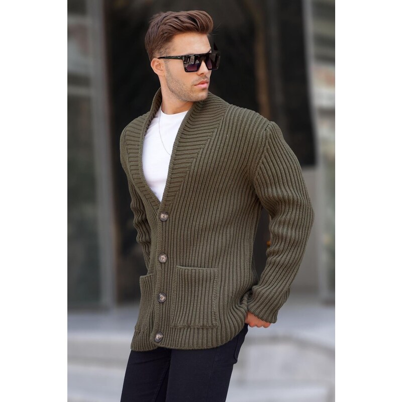 Madmext Khaki High Neck Pocket Knitwear Cardigan 6815