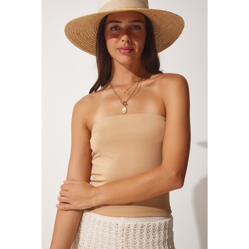 Happiness İstanbul Women's Biscuit Strapless Sandy Knitted Blouse