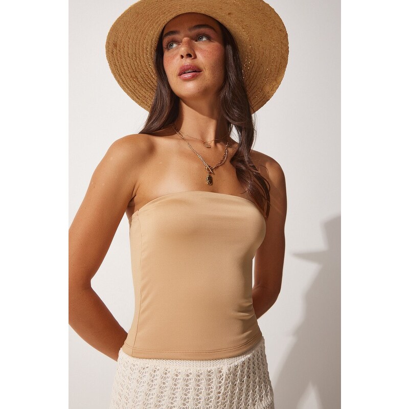 Happiness İstanbul Women's Biscuit Strapless Sandy Knitted Blouse