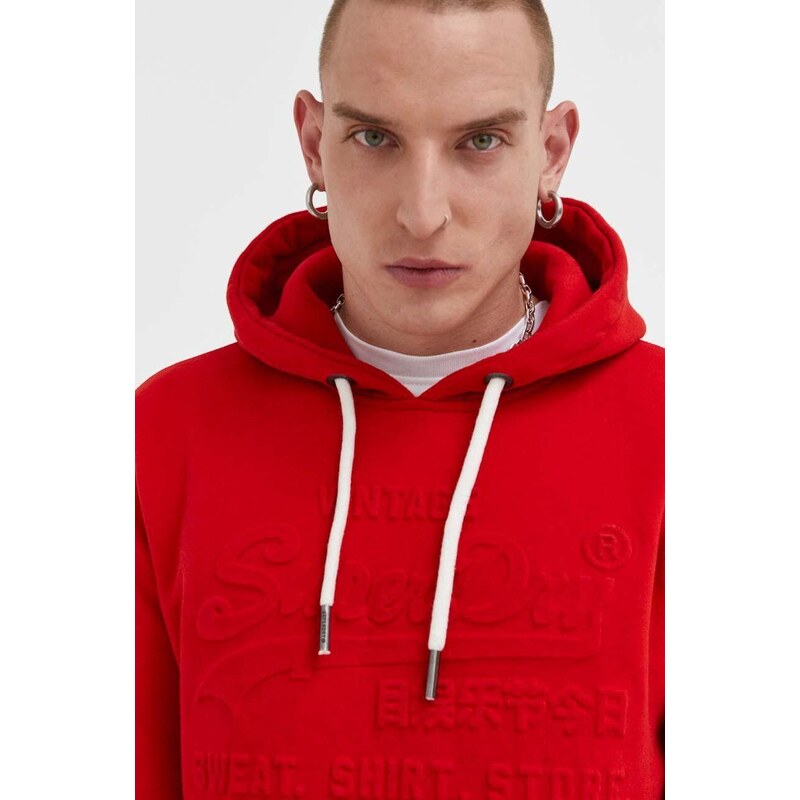 Mikina Superdry pánská, červená barva, s kapucí, s aplikací