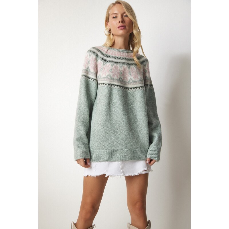 Happiness İstanbul Women's Nile Green Patterned Comfort Knitwear Sweater