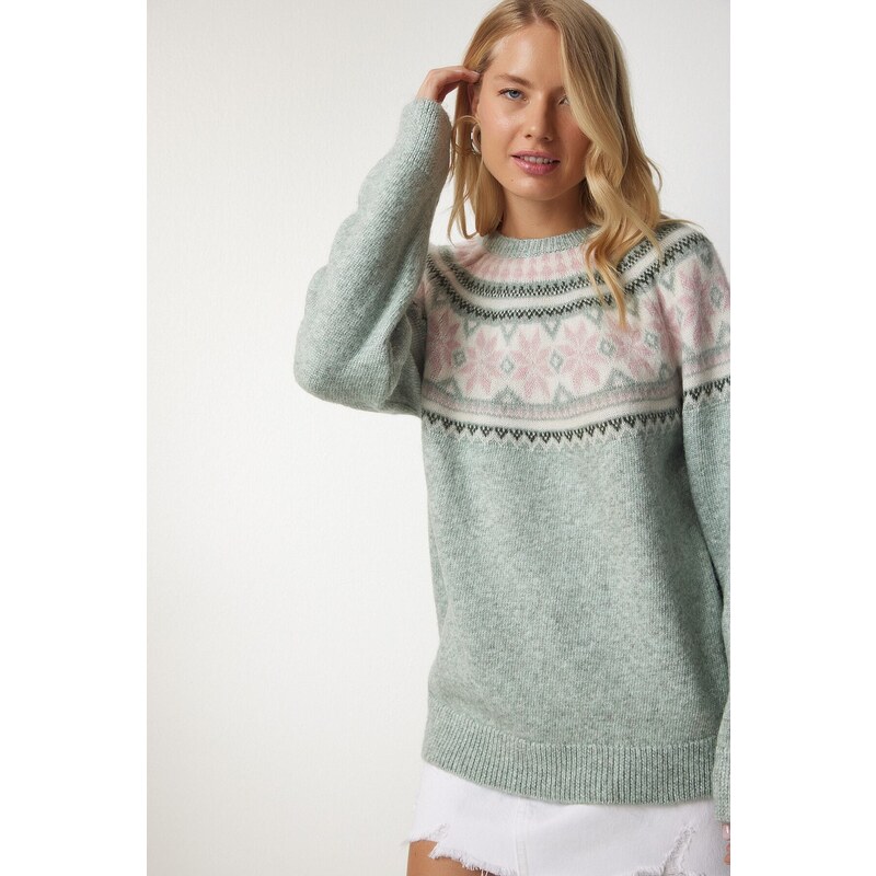 Happiness İstanbul Women's Nile Green Patterned Comfort Knitwear Sweater