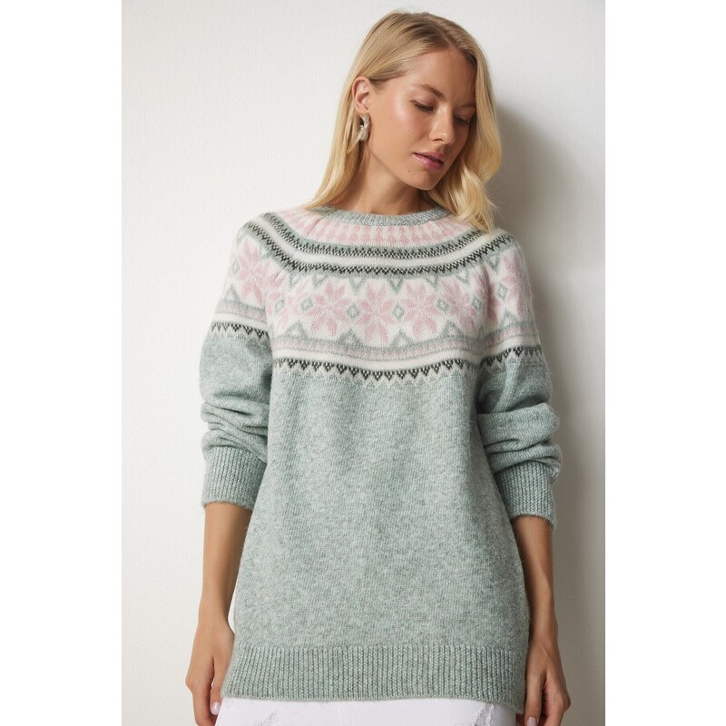 Happiness İstanbul Women's Nile Green Patterned Comfort Knitwear Sweater