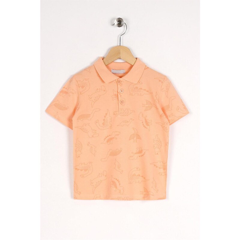 zepkids Boy's Salmon-Colored Dinosaur Print Shirt Collar T-Shirt