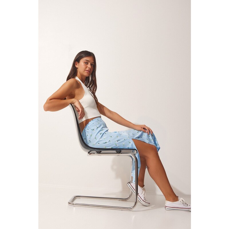 Happiness İstanbul Women's Sky Blue Patterned Viscose Skirt with a Slit