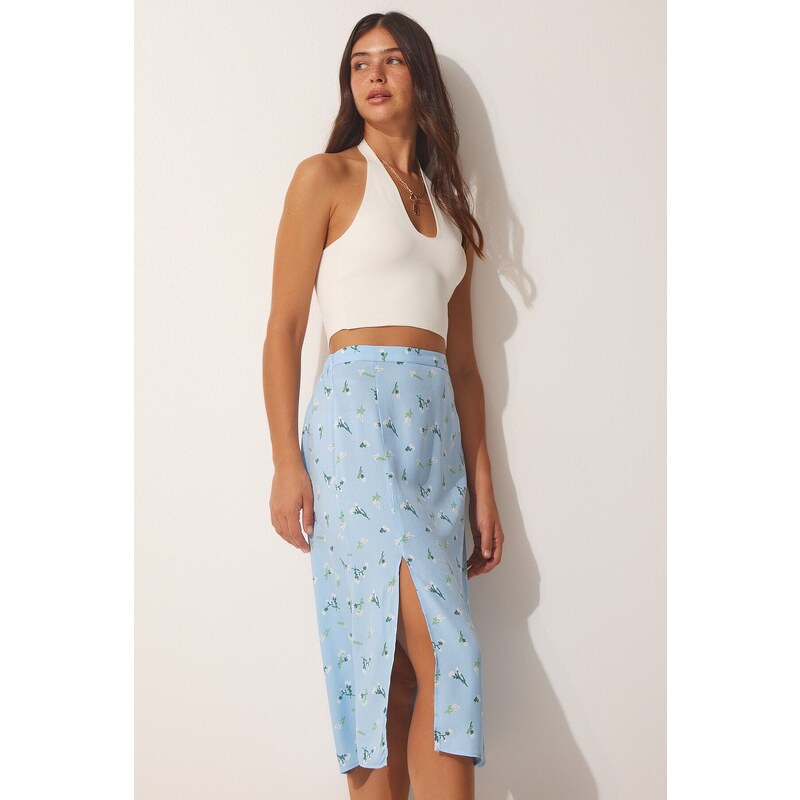 Happiness İstanbul Women's Sky Blue Patterned Viscose Skirt with a Slit