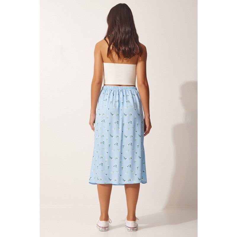 Happiness İstanbul Women's Sky Blue Patterned Viscose Skirt with a Slit