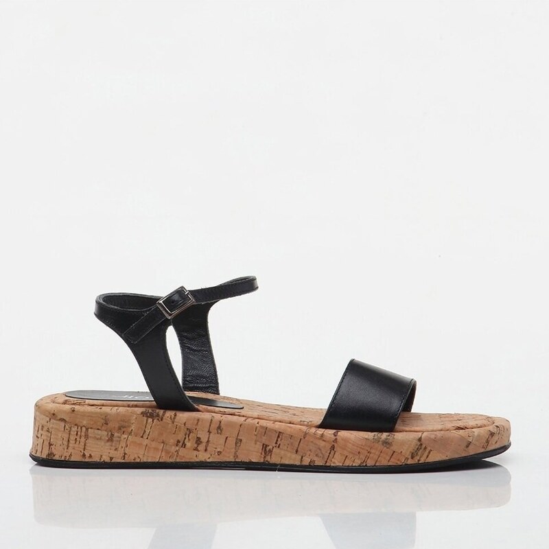 Hotiç Women's Black Flat Sandals From Genuine Leather