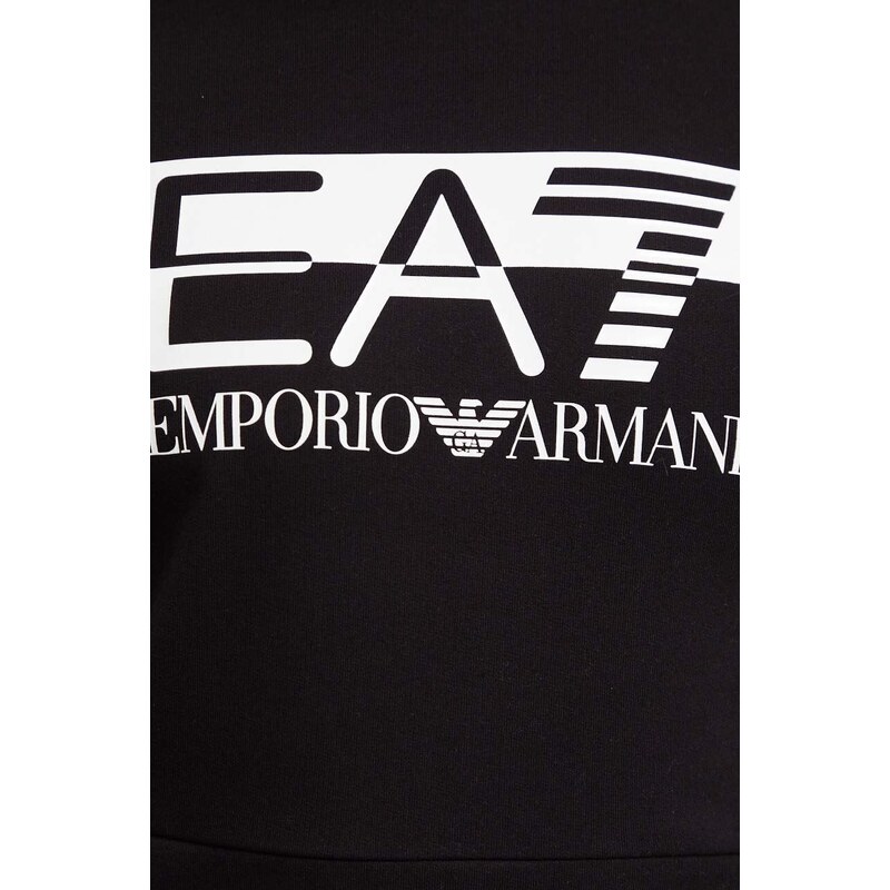 Bavlněná mikina EA7 Emporio Armani pánská, černá barva, s kapucí, s potiskem