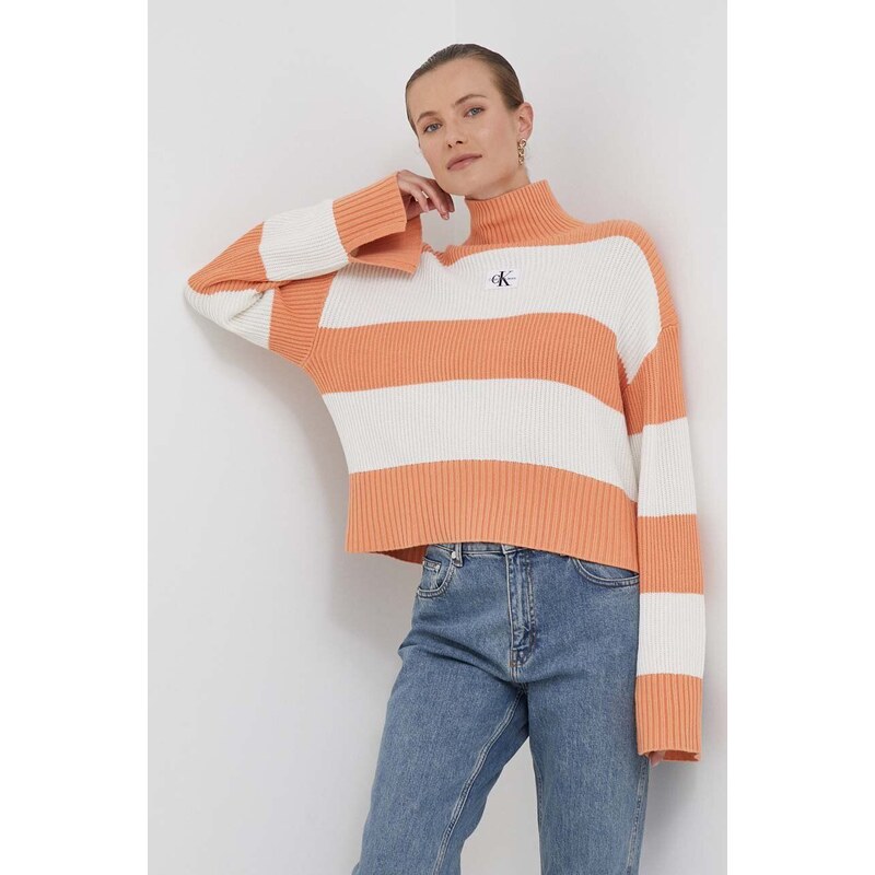 Bavlněný svetr Calvin Klein Jeans béžová barva, hřejivý, s golfem