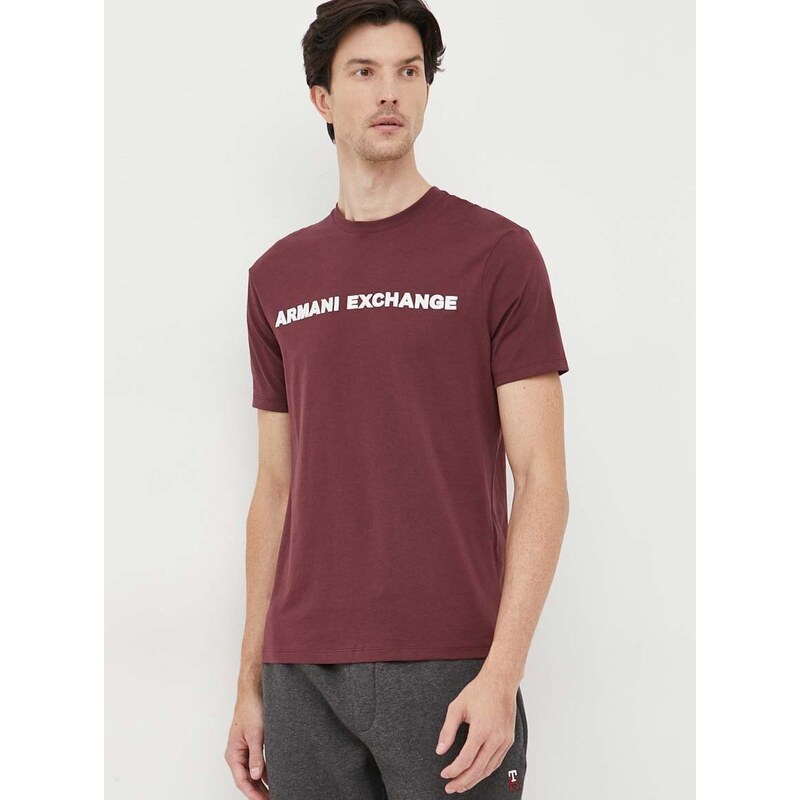 Bavlněné tričko Armani Exchange vínová barva, s aplikací