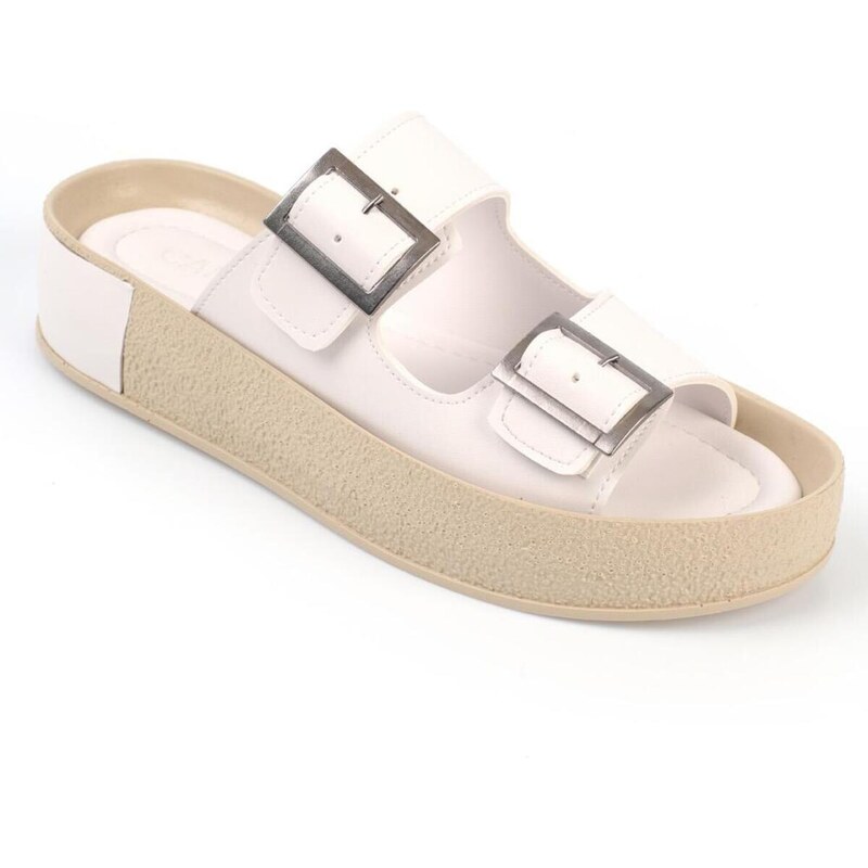 Capone Outfitters Capone Double Straps Belt with Buckle. White Wedge Heel. White Women's Slippers.