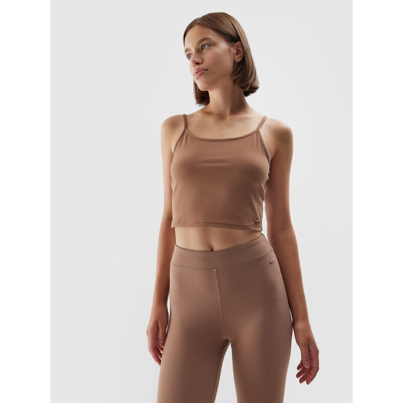 4F Dámský hladký crop-top slim - hnědý