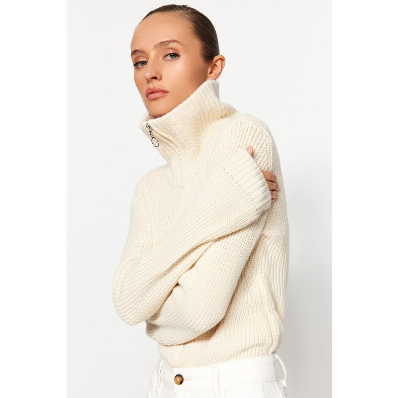 Trendyol Stone Zippered Snaps Knitwear Body