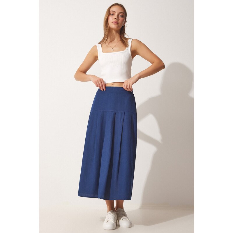 Happiness İstanbul Women's Navy Blue Pleated Summer Linen Skirt