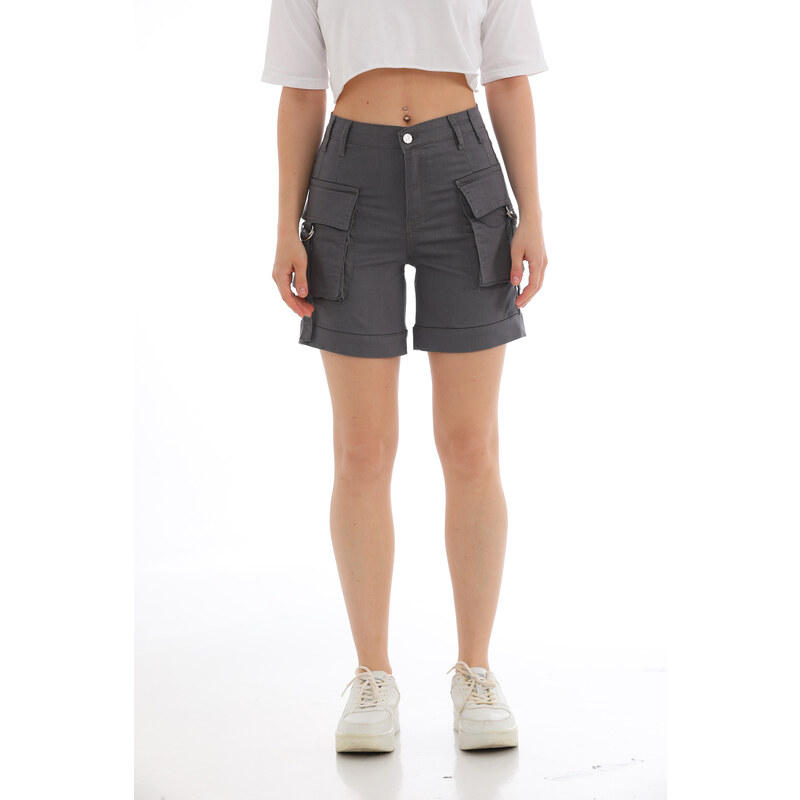 BİKELİFE Gray High Waist Flexible Denim Shorts With Pocket.