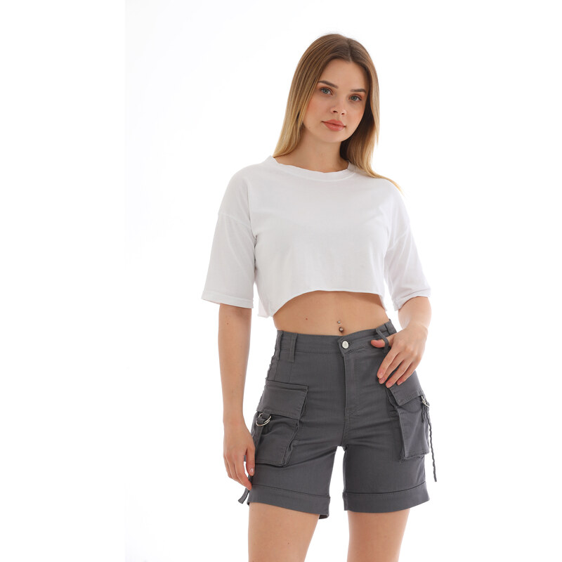 BİKELİFE Gray High Waist Flexible Denim Shorts With Pocket.