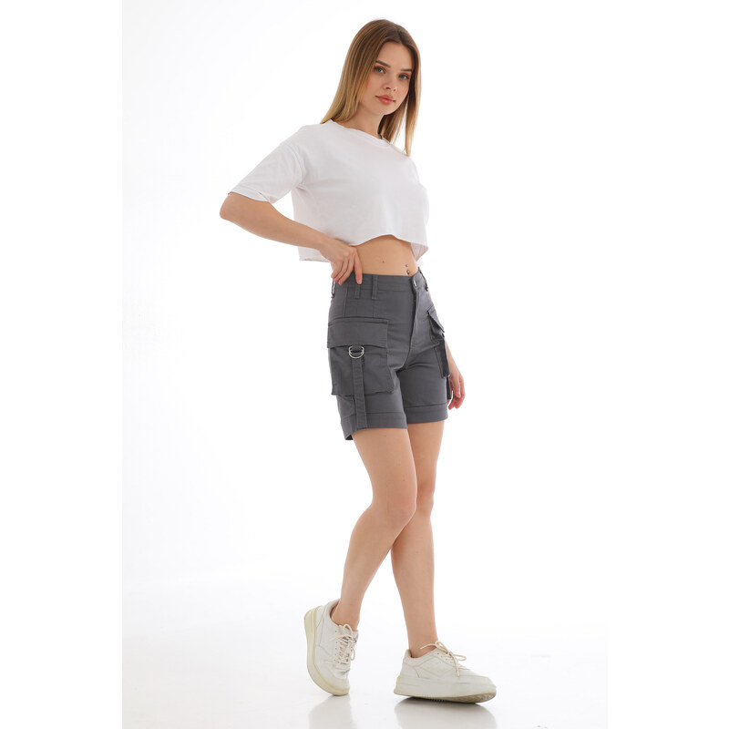 BİKELİFE Gray High Waist Flexible Denim Shorts With Pocket.