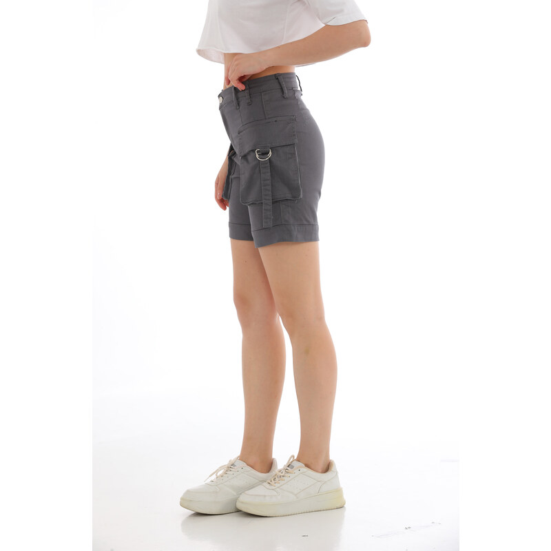 BİKELİFE Gray High Waist Flexible Denim Shorts With Pocket.