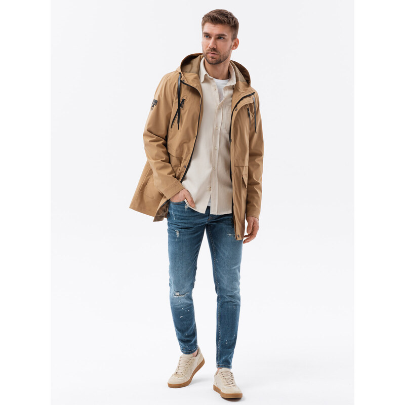 Ombre Clothing Pánská bunda typu parka s kapsami - světle hnědá V2 OM-JANP-22FW-004