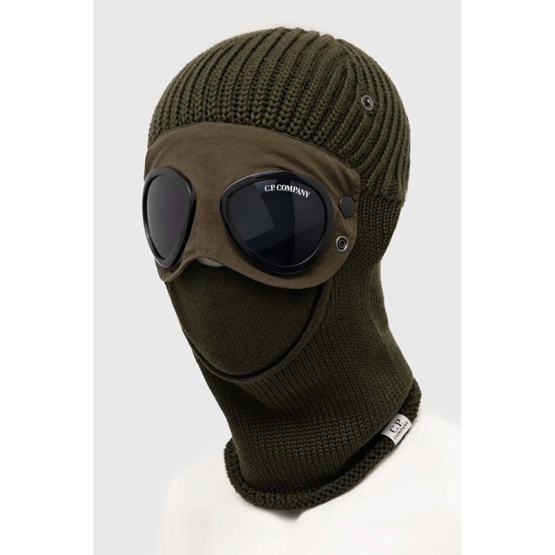 Vlněná kukla C.P. Company Extrafine Merino Wool Goggle Balaclava zelená barva, 15CMAC301A005509A