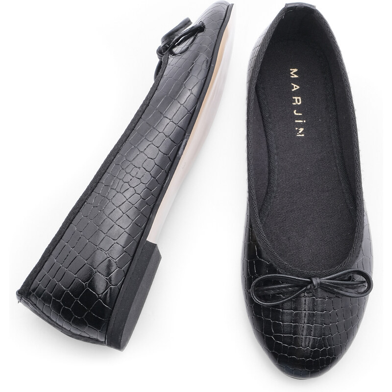 Marjin Women's Daily Flats Metallic Round Toe Ballerina Flats Adusa Black Croco