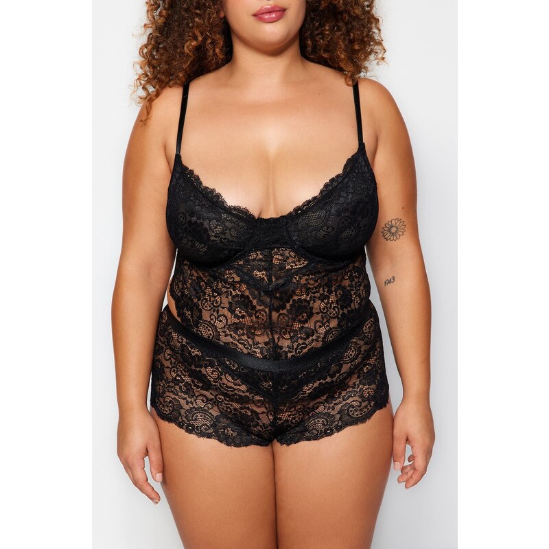 Trendyol Curve Black Strappy Lace Plus Size Bodysuit