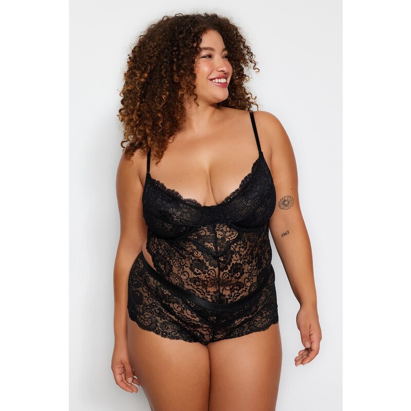 Trendyol Curve Black Strappy Lace Plus Size Bodysuit