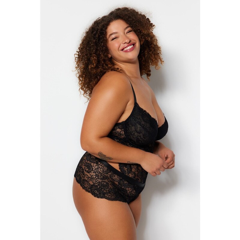 Trendyol Curve Black Strappy Lace Plus Size Bodysuit