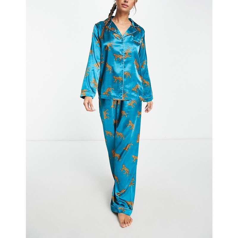 Night satin long pyjama set in teal leopard print-Blue 114934733