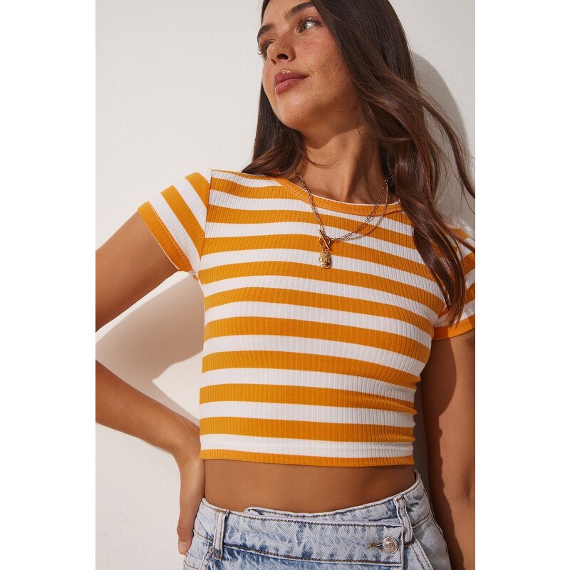 Happiness İstanbul Women's Orange Striped Cotton Knitted Crop T-Shirt