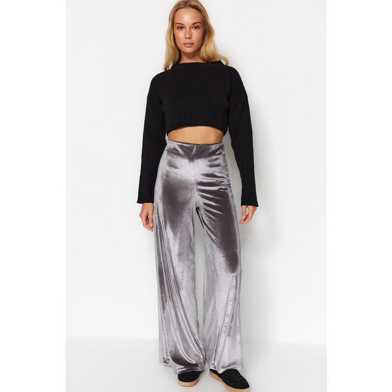 Pletené kalhoty Trendyol Anthracite Pearl Velvet se širokými 115721480