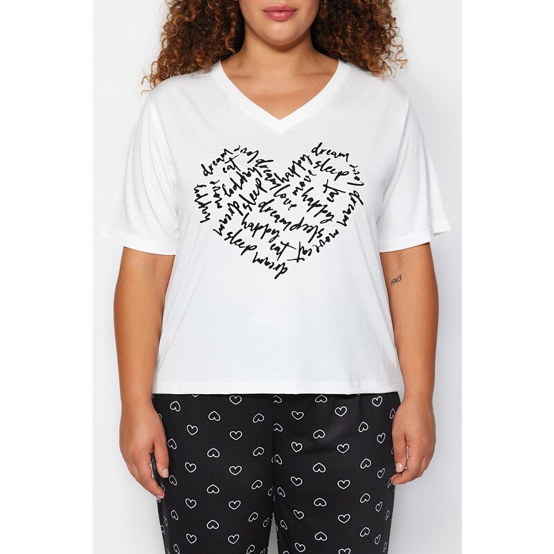 Trendyol Curve White Heart Patterned Knitted Pajama Set