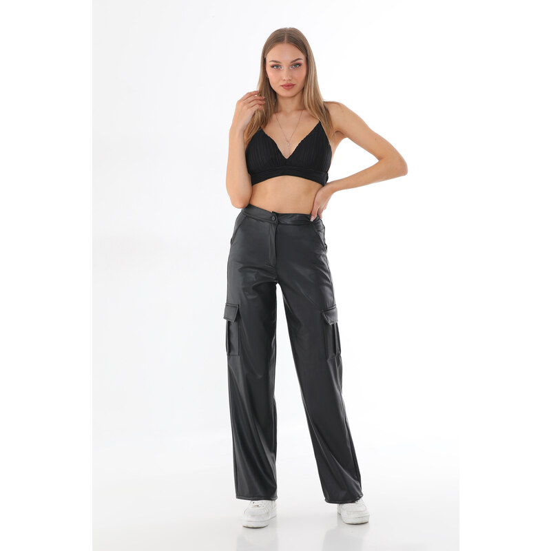 BİKELİFE Women's Black Leather High Waist Wide Leg Cargo Pants