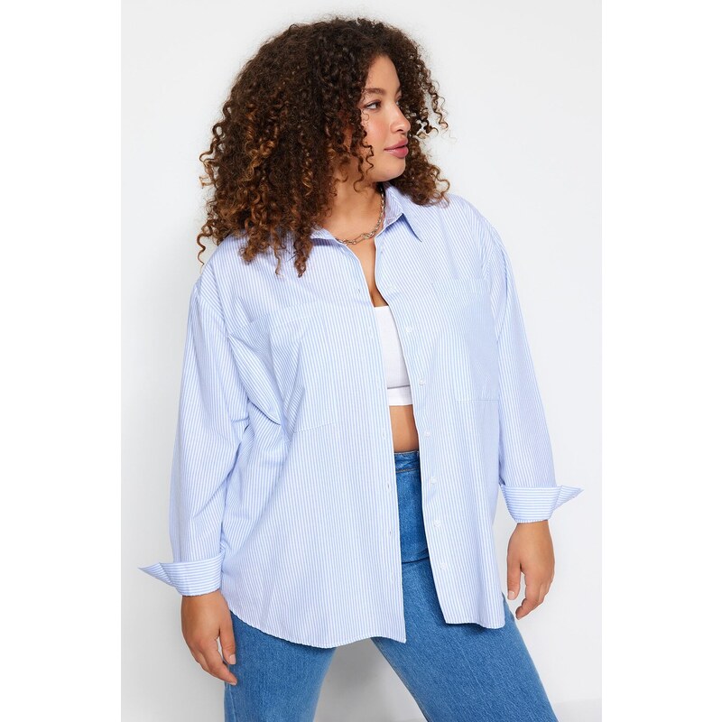 Trendyol Curve Blue Striped Poplin Shirt