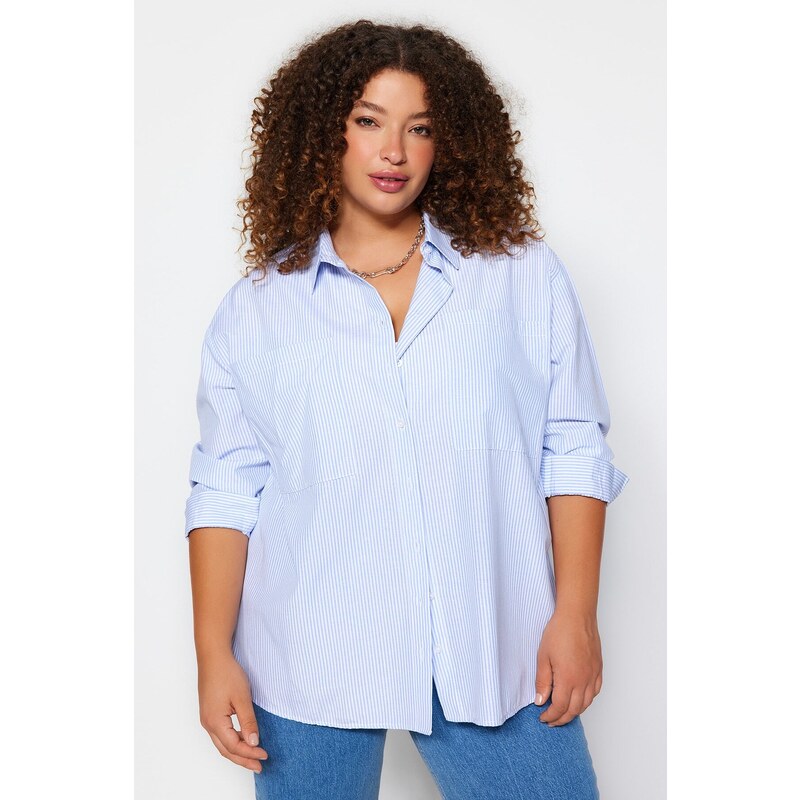 Trendyol Curve Blue Striped Poplin Shirt