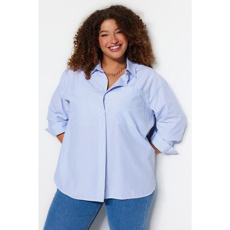 Trendyol Curve Blue Striped Poplin Shirt