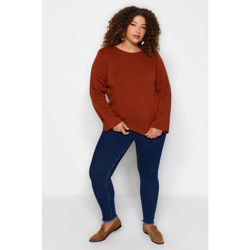 Trendyol Curve Brown Sleeve Button Detailed Knitwear Sweater