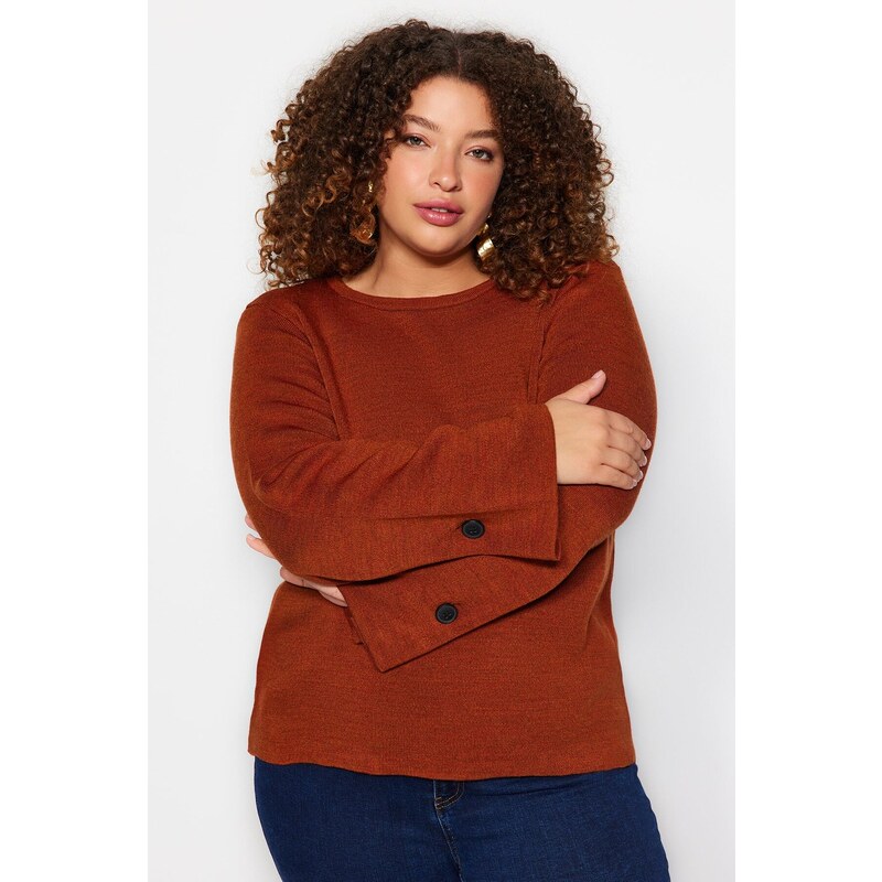 Trendyol Curve Brown Sleeve Button Detailed Knitwear Sweater