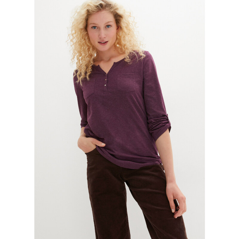 bonprix Bavlněné tričko Henley s knoflíkovou légou fialová Žena 85350350