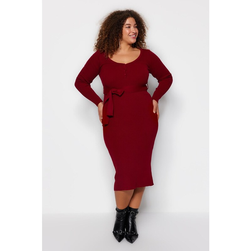 Trendyol Curve Claret Red Knitwear Dress with Binding Detail and Buttons at the Waist