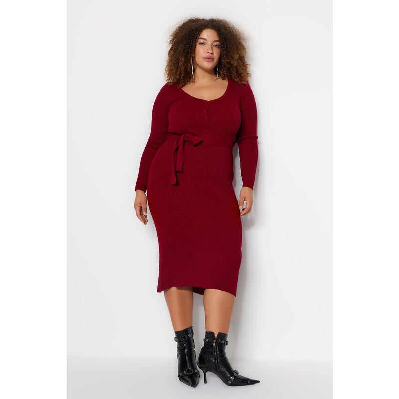 Trendyol Curve Claret Red Knitwear Dress with Binding Detail and Buttons at the Waist