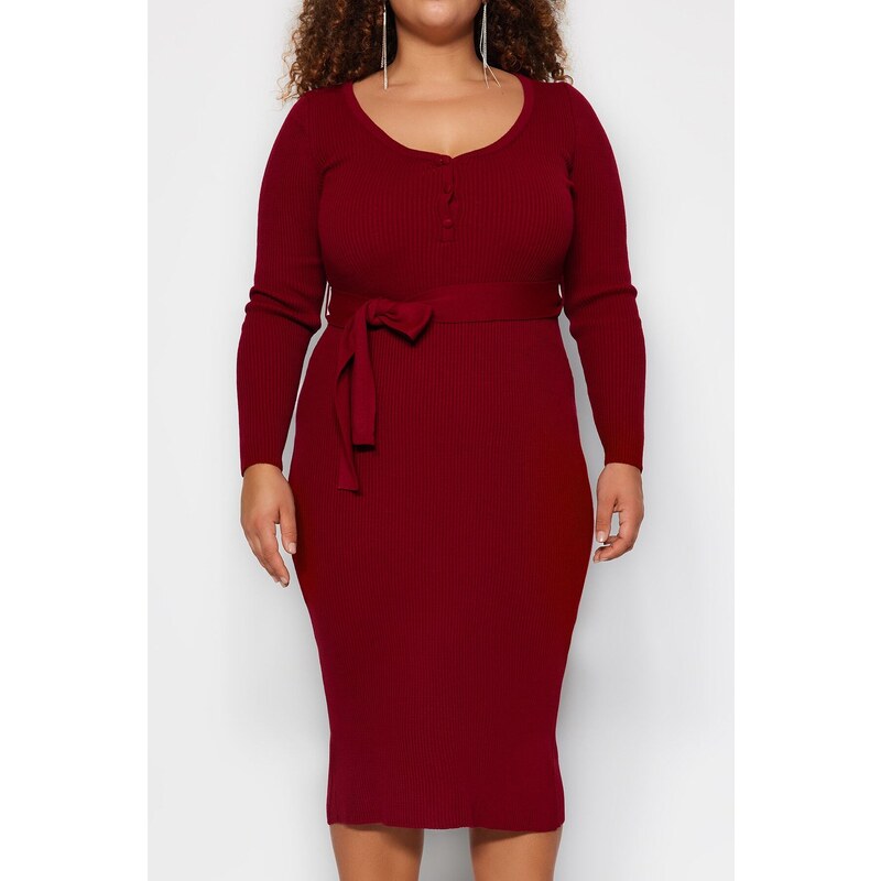 Trendyol Curve Claret Red Knitwear Dress with Binding Detail and Buttons at the Waist