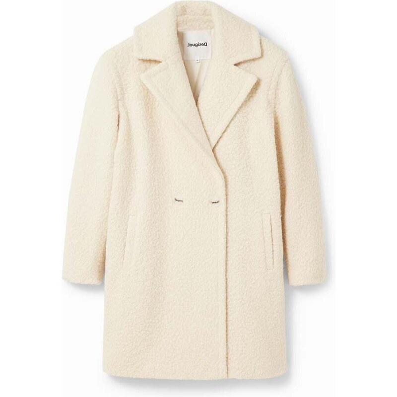 Kabát Desigual dámský, bílá barva, přechodný, dvouřadový