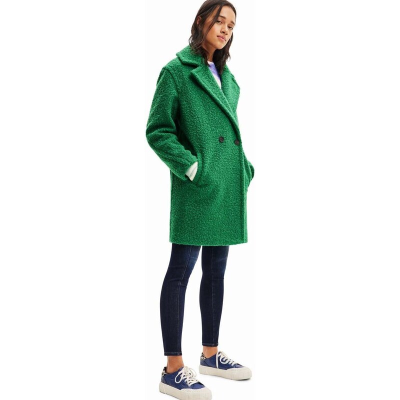 Kabát Desigual dámský, zelená barva, přechodný, dvouřadový