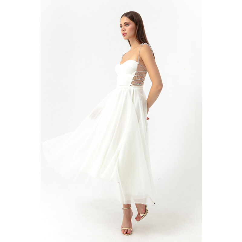Lafaba Women's White Stone Strap Flared Cut Midi Evening Dress