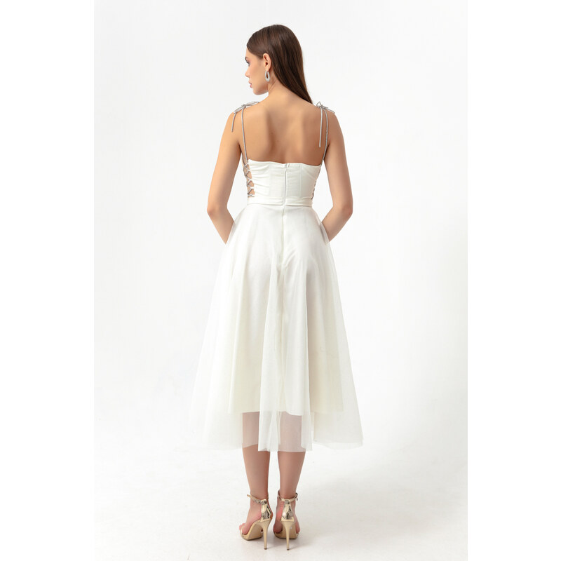 Lafaba Women's White Stone Strap Flared Cut Midi Evening Dress