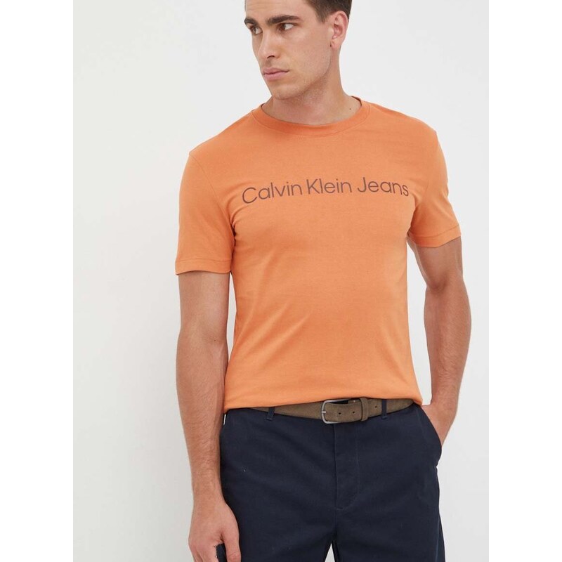 Bavlněné tričko Calvin Klein Jeans oranžová barva, s potiskem